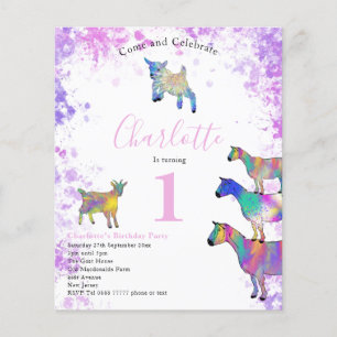 Flyer Festa de Um Ano de Menina Aquarela Cabras Orçament