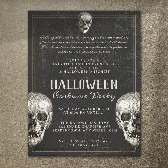 Flyer Festa de Vintagem do Halloween Adulto (creepy vintage skull halloween party invitation)