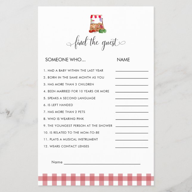 Flyer Find the Guest Game Locally Grown Baby Shower (Frente)