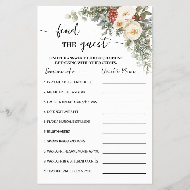Flyer Find the Guest Winter Bridal Shower Game Card (Frente)