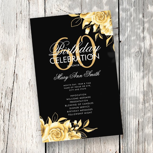 Flyer Floral 60º Programa de Aniversário Dourado e Preto (Criador carregado)