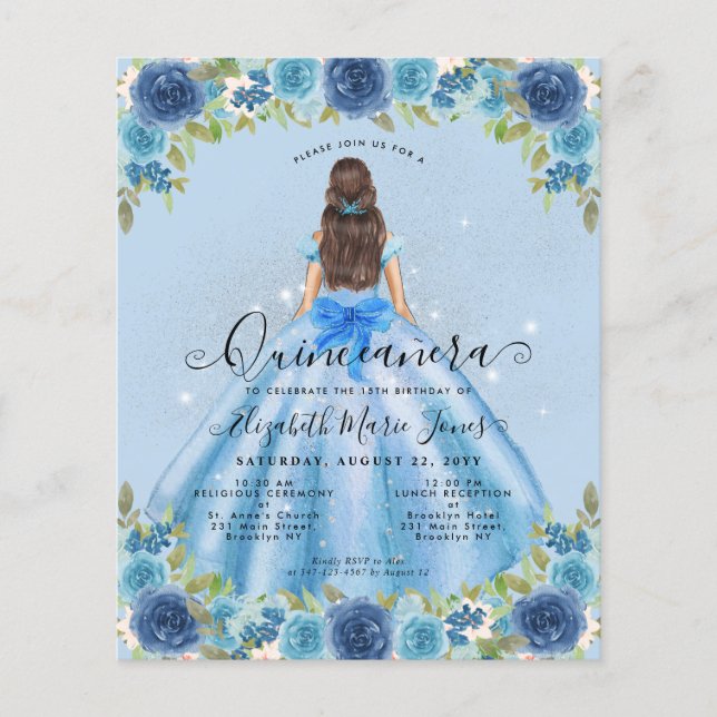 Flyer Floral Barata Cinza Azul Princesa Quinceanera (Frente)