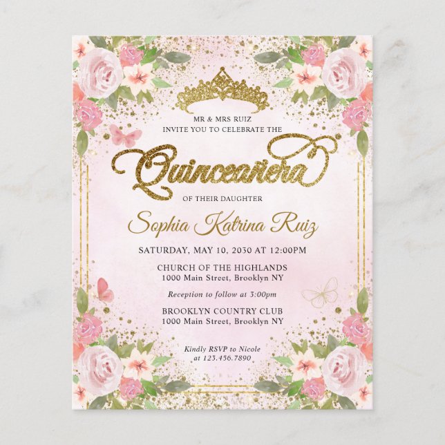 Flyer Floral Barata, Rosa Dourada Tiara Quinceañera (Frente)