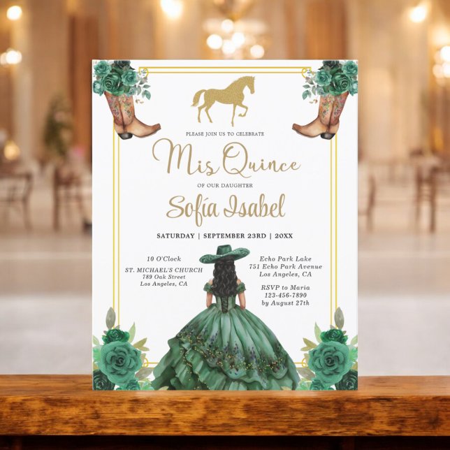 Flyer Floral Emerald Green Boots Horse Quinceanera (Criador carregado)