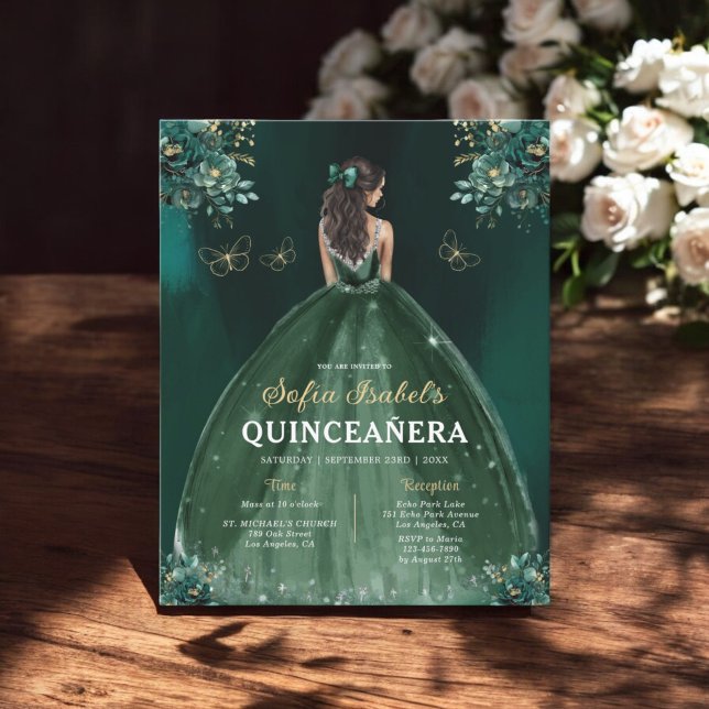 Flyer Floral Emerald Green Dress Birthday Quinceanera (Criador carregado)