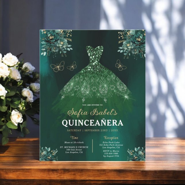 Flyer Floral Emerald Green Dress Birthday Quinceanera (Criador carregado)