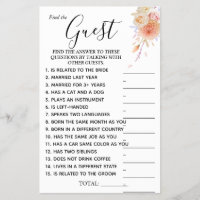 Floral Find the Guest Chá de panela game card