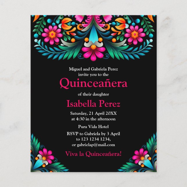Flyer Floral Quinceanera Black Mexicano Fiesta Birthday (Frente)