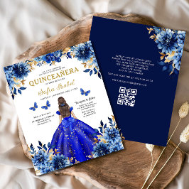 Flyer Floral Royal Blue QR Code Princesa Quinceanera