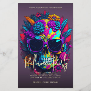 Flyer Floral Skull Halloween Party Roxo