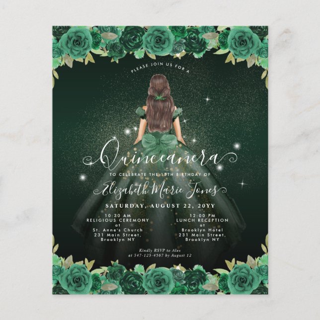 Flyer Floral Verde Princesa Barata Birthday Quinceanera (Frente)