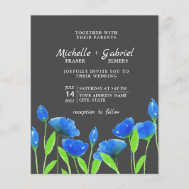 Flyer Flores de aguarela azuis. Casamento floral. Convit