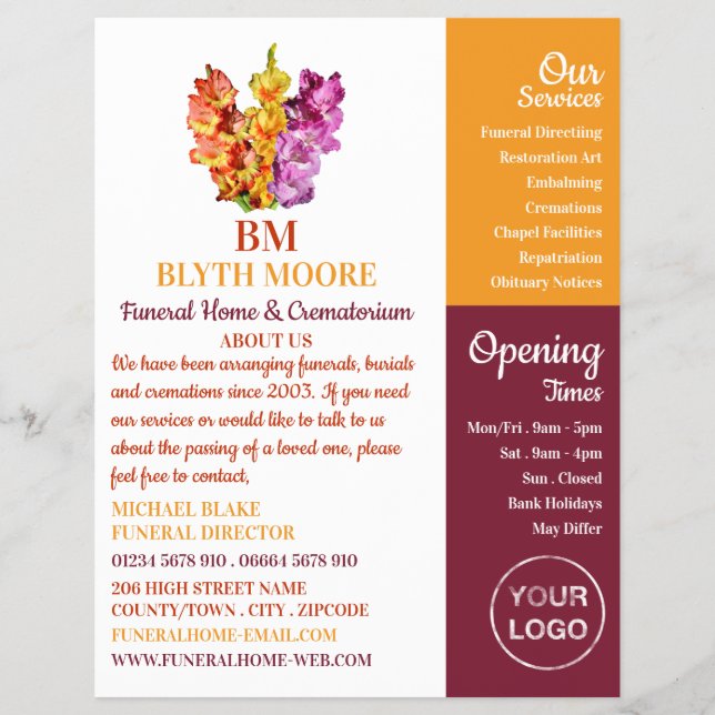 Flyer Flores Gladiolus, Casa Funerária, Diretores (Frente)