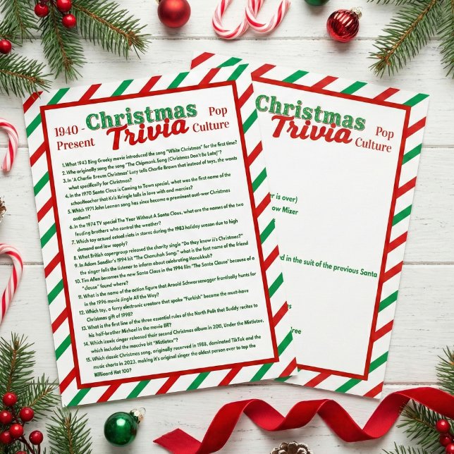 Flyer Folha de Jogo de Trivia de Natal da Cultura Pop (Pop Culture Christmas Trivia Game Sheet)