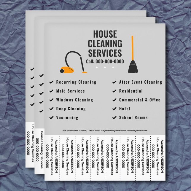 Flyer Folha, Vacuum House Limpando Rasgos Flechas (Broom & Vacuum - House Cleaning Tear Off Strips Flyer)