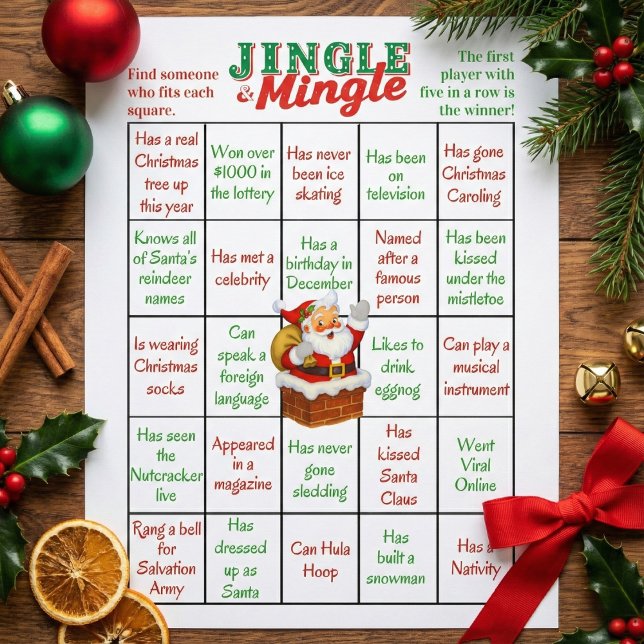 Flyer Folhas de Jogo de Bingo Humano de Natal Jingle & M (Jingle & Mingle Christmas Human Bingo Game Sheets )