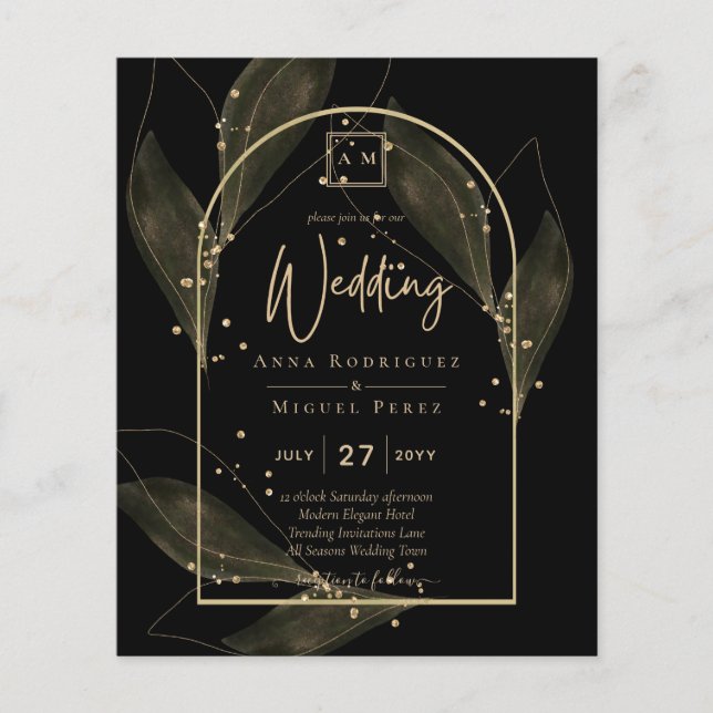 Flyer Folhas de Ouro Preto Bodas Modernas CONVITE (Frente)