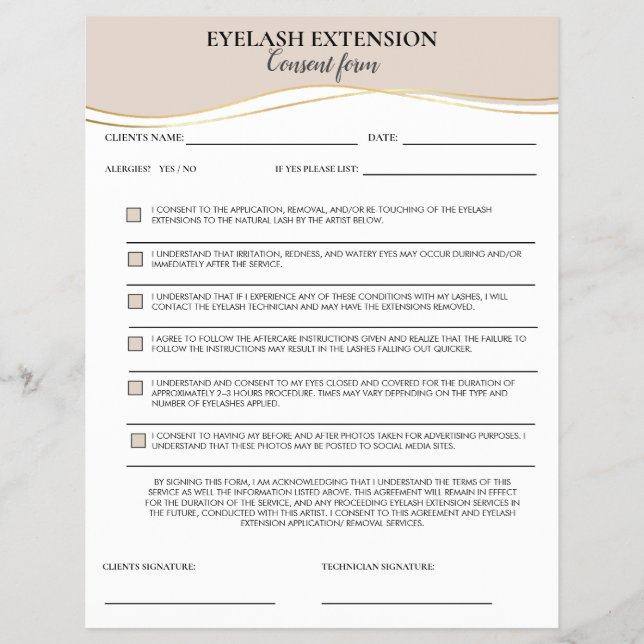 Flyer Formulário de Consentimento de Cílios bege e doura (Frente)