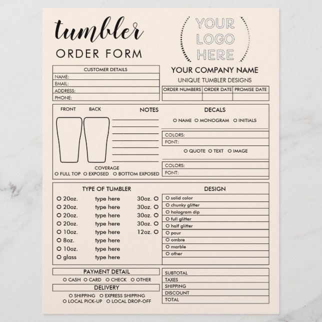 Flyer Formulário de Encomenda de Caneca Tumbler Bege (Frente)