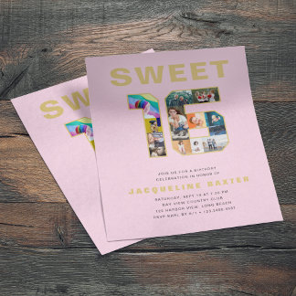 Flyer Foto de aniversário de 16 cor-de-rosa, Dourada