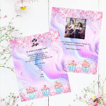 Flyer Foto do logotipo cupcakes holográficos da padaria<br><div class="desc">Personalize e adicione o logotipo,  o nome,  o endereço e o texto da sua empresa. Pastos azuis,  cor-de-rosa,  roxos,  cor-de-rosa,  plano de fundo holográfico decorado com confete e cupcakes. Voltar: adicione uma foto e conte a história sobre sua marca.</div>