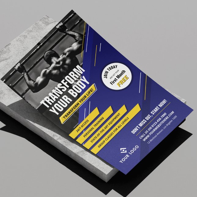 Flyer Foto do Marketing de ginástica moderno azul e amar (Modern blue and yellow gym workouts marketing flyer with photo and your custom text and logo)