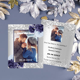 Flyer Foto floral azul de prata Salve o casamento da dat