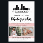 Flyer Fotógrafo profissional rosa Seu logotipo<br><div class="desc">Folheto de marketing para um fotógrafo profissional personalizado com suas fotos, logotipo, informações de contato, texto personalizado e foto de perfil em um design cor-de-rosa encantador, preto e branco. Folheto de fotografia profissional feminina e gráfica em um design limpo com sotaque cor rosa e um roteiro encantador personalizado com seu...</div>