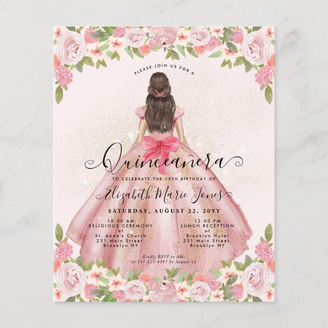 Flyer Fraca Floral Blush Rosa Dourada Princesa Quinceane (Frente)