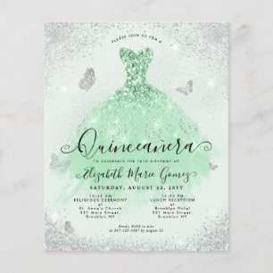 Flyer Fraca Prata Verde Leve Glitter Quinceanera