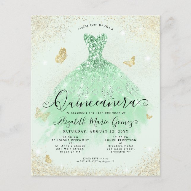 Flyer Fraca Sage Verde Dourada Glitter Quinceanera (Frente)
