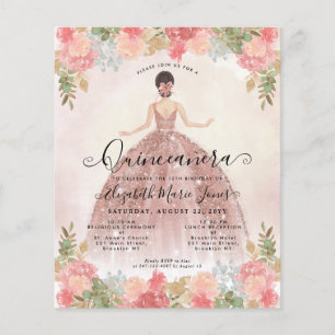 Flyer Fraco Rosa Floral Dourada Rosa Princesa Quinceaner