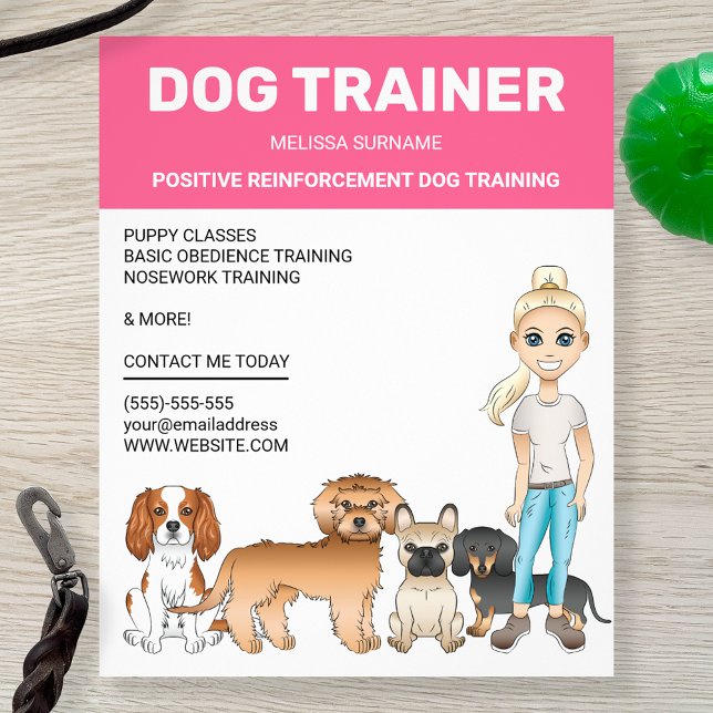 Flyer Garota Loira Com Cachorros Treinadora de Cães Pers (Cute design for anyone who works with dogs whether a dog trainer, a groomer, a dog walker...)