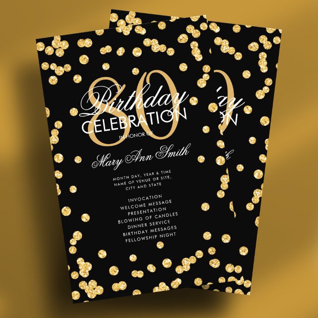 Flyer Glitter Dourado do Programa de Festa de aniversári (80th Birthday Party Program Gold Glitter w/ Menu Flyer)