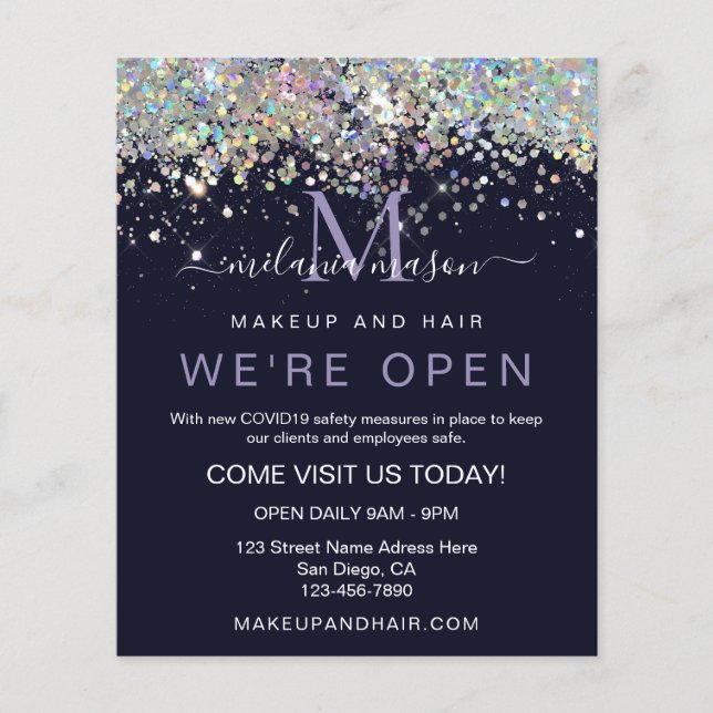 Flyer Glitter Holográfico Elegante Estamos Abertos Salon (Frente)