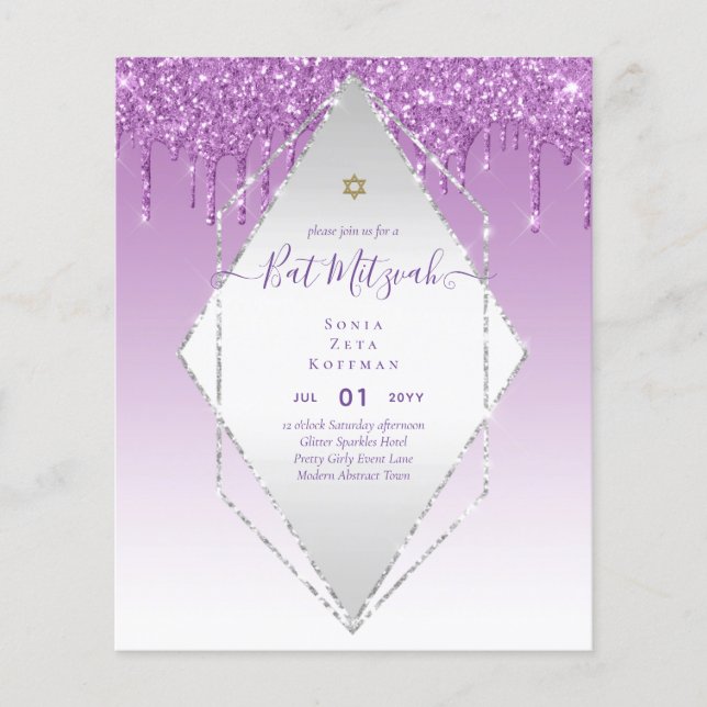 Flyer Glitzy BAT MITZVAH Convida Glitter Sparkles Modern (Frente)