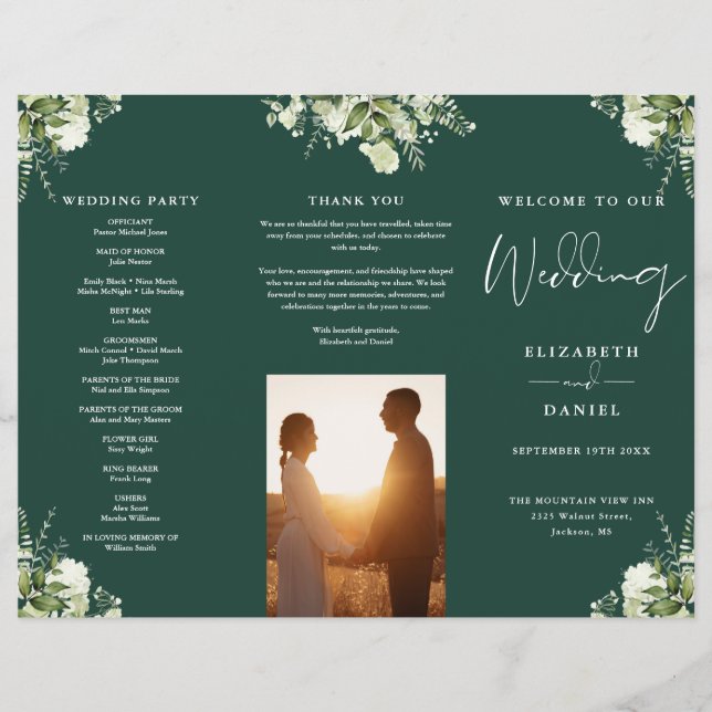 Flyer Greenery Floral Emerald Trifold Wedding Program (Frente)