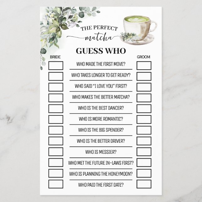 Flyer Greenery Matcha Guess Who Bridal Shower Game Card (Frente)