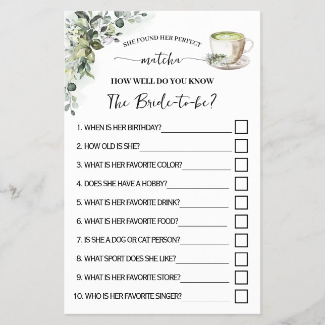 Flyer Greenery Matcha How Well Do You Know Her Game Card (Frente)