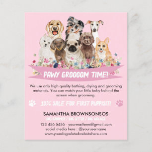 Flyer Grumador de Cães Ilustrado Simples, Branco Rosa