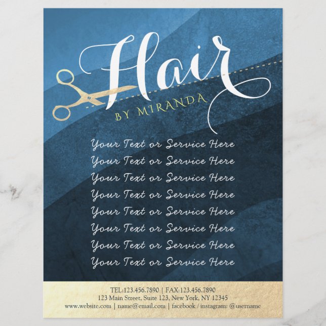 Flyer Hair Salon Hairstylist Tesoura Azul e Dourada Mode (Frente)