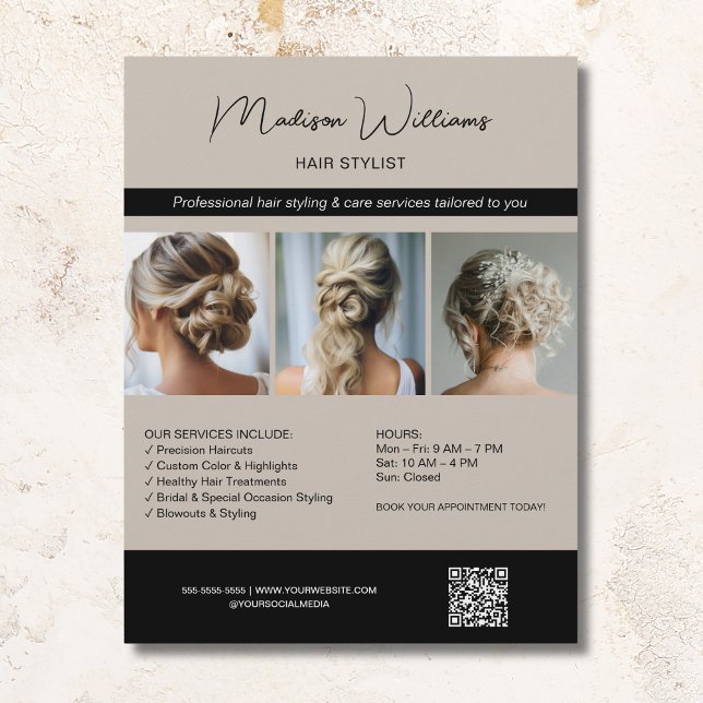 Flyer Hair Stylist Hairdresser Salon 3 Fotos QR Beige (Hair Stylist Hairdresser Salon 3 Photos QR Beige Flyer)
