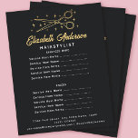 Flyer Hairstylist para a tipografia retrótica preta<br><div class="desc">Este folheto de negócios inspirado no retrô apresenta um logotipo desenhado à mão de um par de tesouras e estrelas em um fundo preto — perfeito para penteados ou salões.</div>