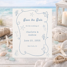 Flyer Hand drawn beach blue ivory wedding Save the Date