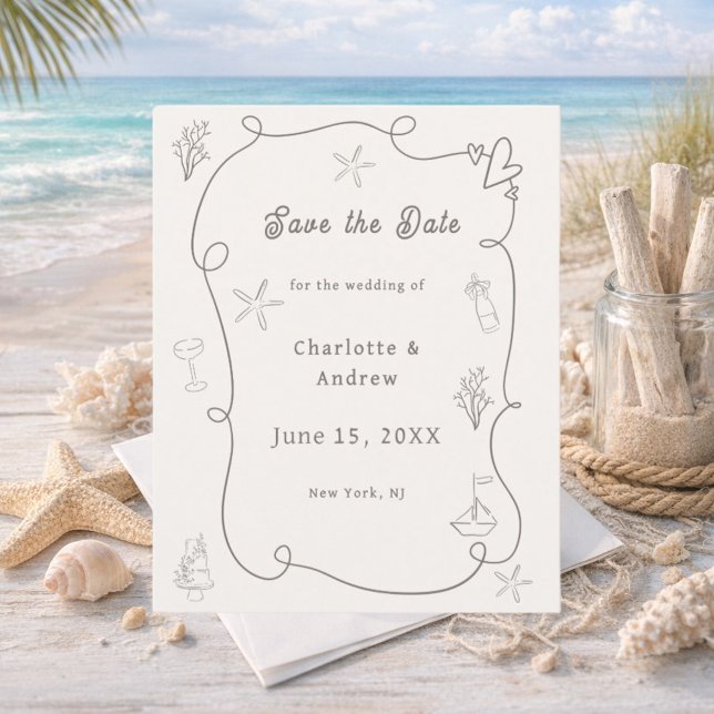 Flyer Hand drawn beach ivory taupe wedding Save the Date (Criador carregado)