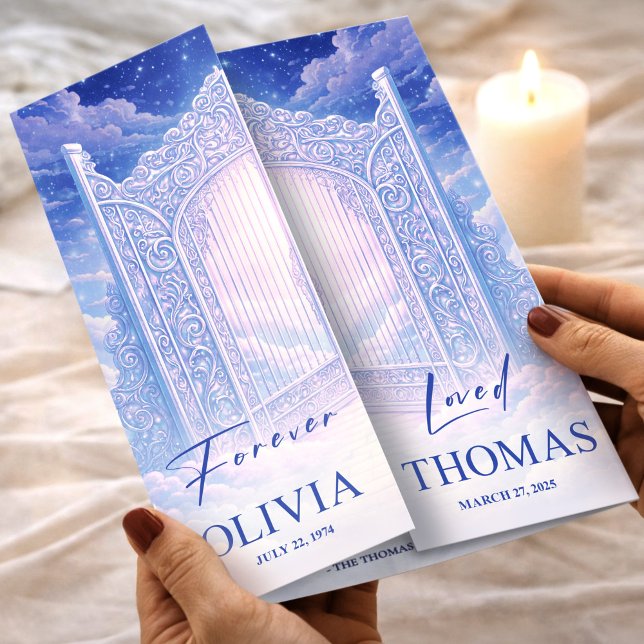 Flyer Heaven’s Gates Celebration of Life Funeral Program (Funeral Program Blue Heaven’s Gates Memorial Flyer, Funeral for Women, Loss of Mother)