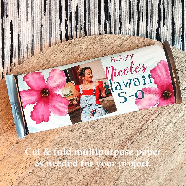 Flyer Hibisco Rosa, Embrulho de Bala do 50º Aniversário  (tropical Hawaii 5-0 five-o 50th birthday party chocolate candy bar wrappers, personalized customized)