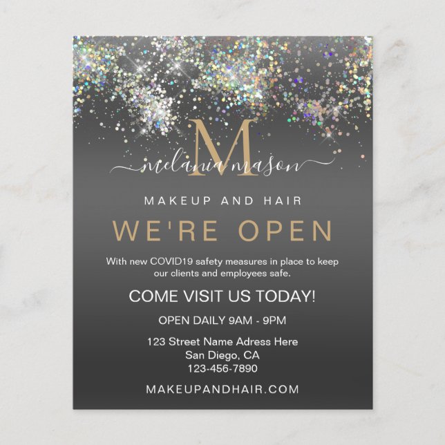 Flyer Holográfico Glitter Somos Salão Negro Elegante Abe (Frente)