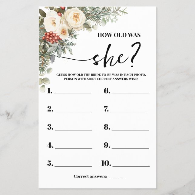 Flyer How old was She Winter Bridal Shower Game Card (Frente)
