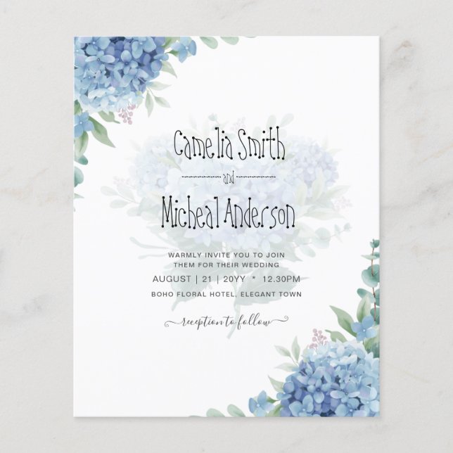 Flyer Hydrangea Azul Moderno Convite para Casamento Flor (Frente)